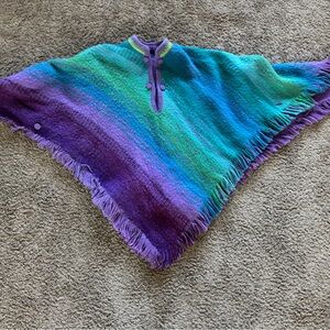 Wool Multicolor Fringe Poncho Ombré Tie Die Blue Green Purple One Size Fits Most